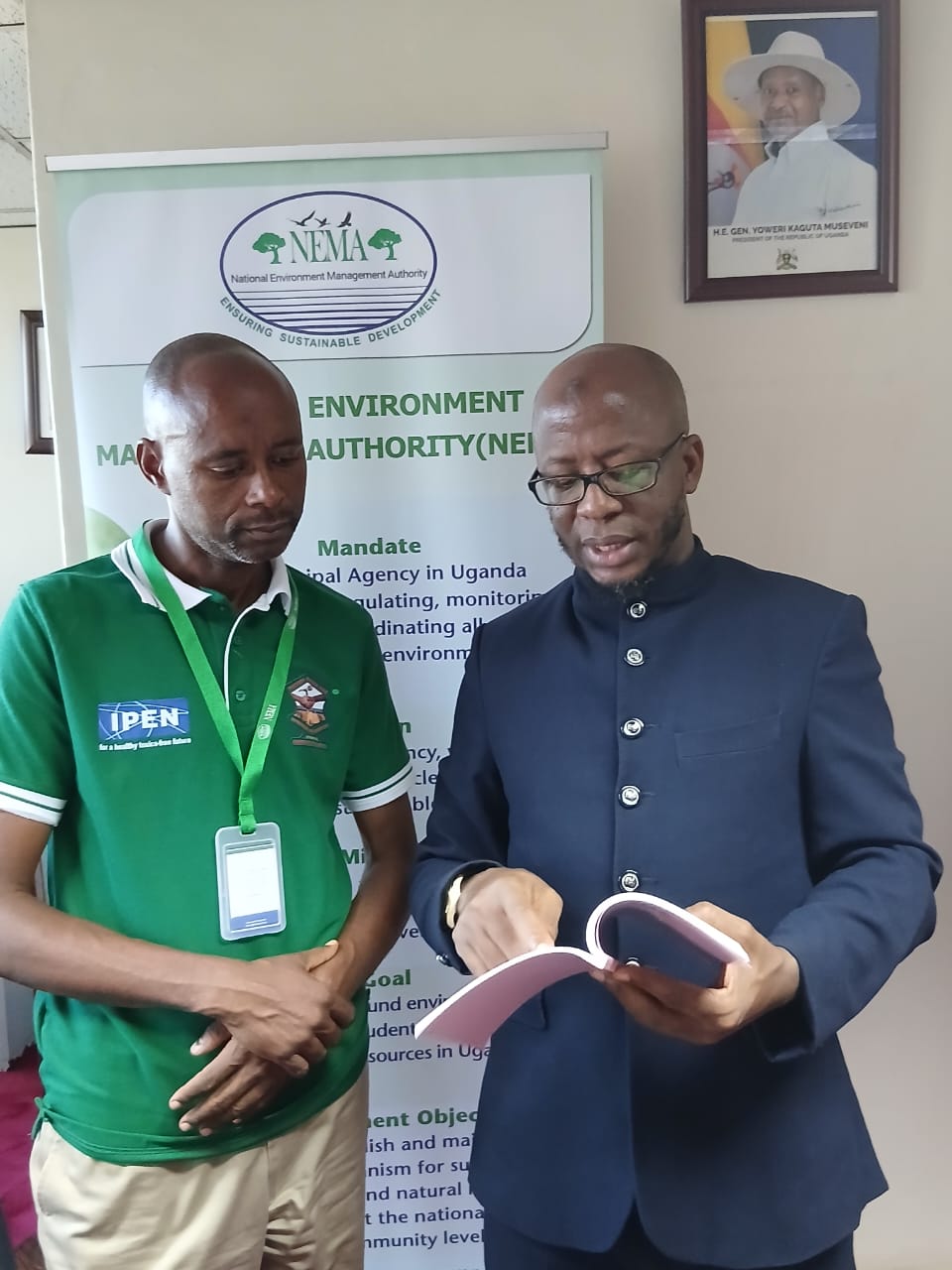 Peter Akugizibwe Araali, Executive Director, WEMECO, chats with Dr. Barirega Akankwasah, Executive Director of the National Environment Management Authority, recently.